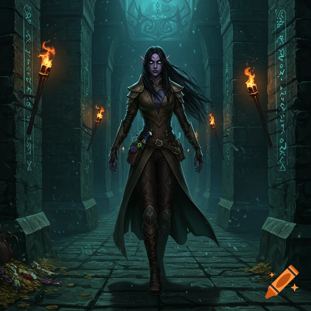 Dark elf treasure hunter in leather armor walks through a torch-lit dungeon with treasure on the floor. Fantasy art.