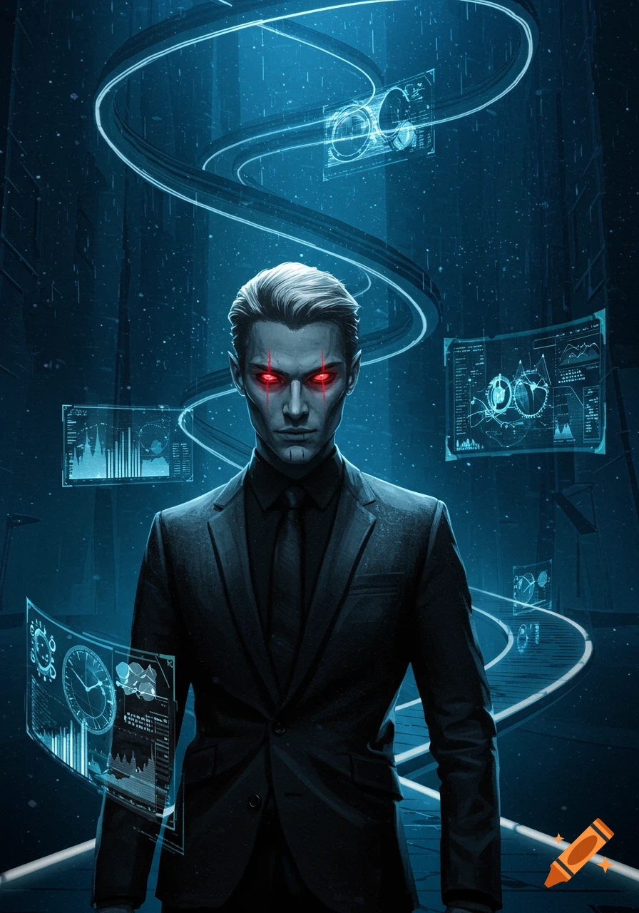 A serious man with glowing red eyes in a black suit stands in a dark, futuristic city with glowing blue data screens. Cyberpunk style.