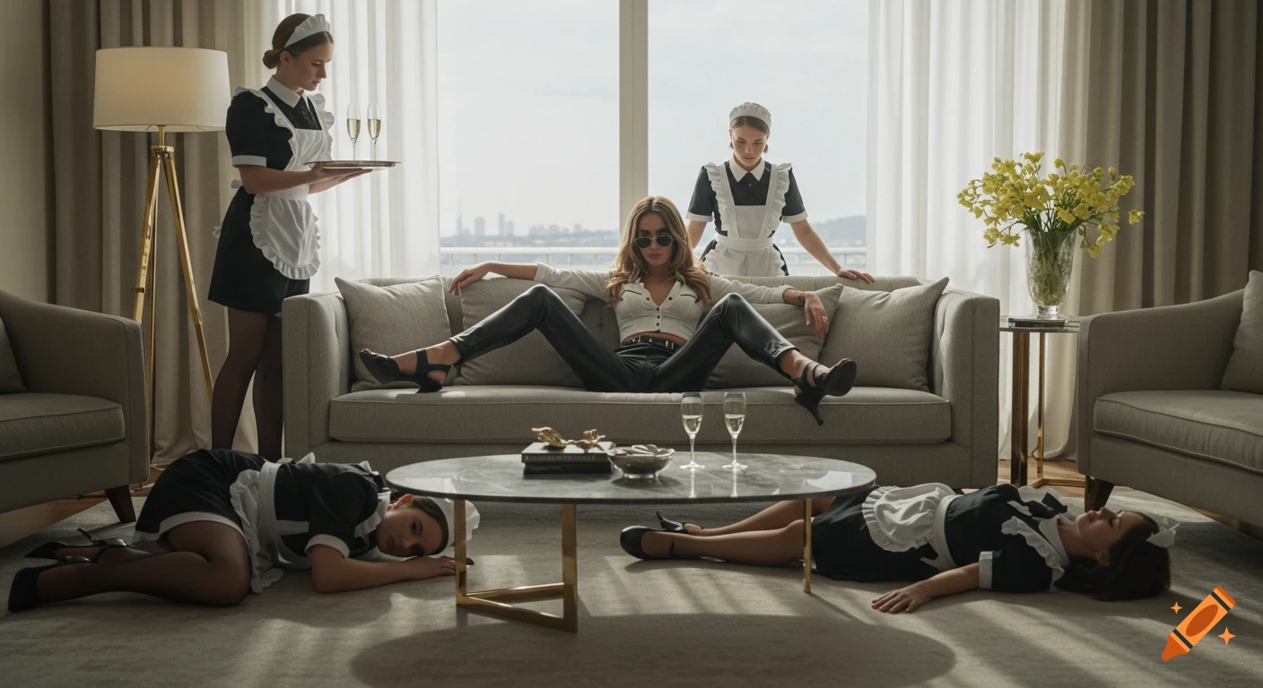 A stylish woman in sunglasses reclines on a couch in a luxurious living room, surrounded by maids, two of whom lie on the floor. Photorealistic.