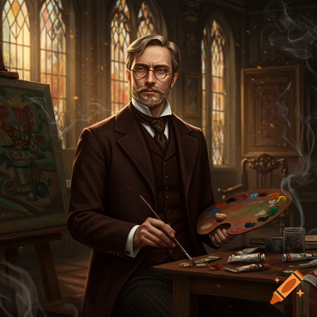 A distinguished artist in a dark suit and glasses paints in a sunlit studio with stained glass windows.