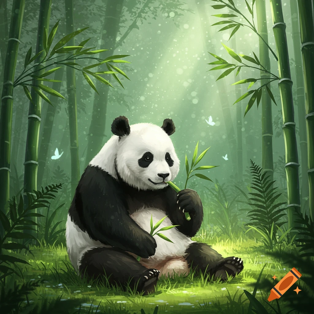 A happy panda sits in a lush bamboo forest, eating bamboo shoots. Sunlight filters through the green canopy, with faint butterflies.