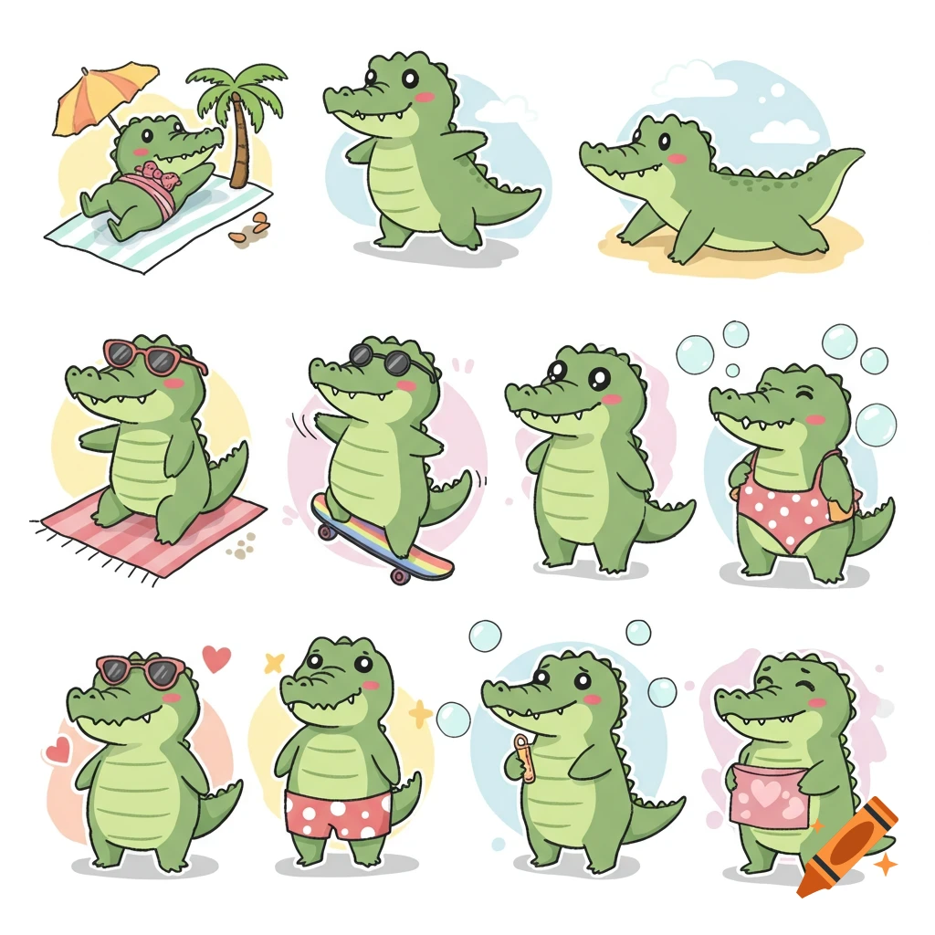 A collection of 10 cute cartoon crocodiles performing various summer activities, including sunbathing, skateboarding, and swimming, on a white background.