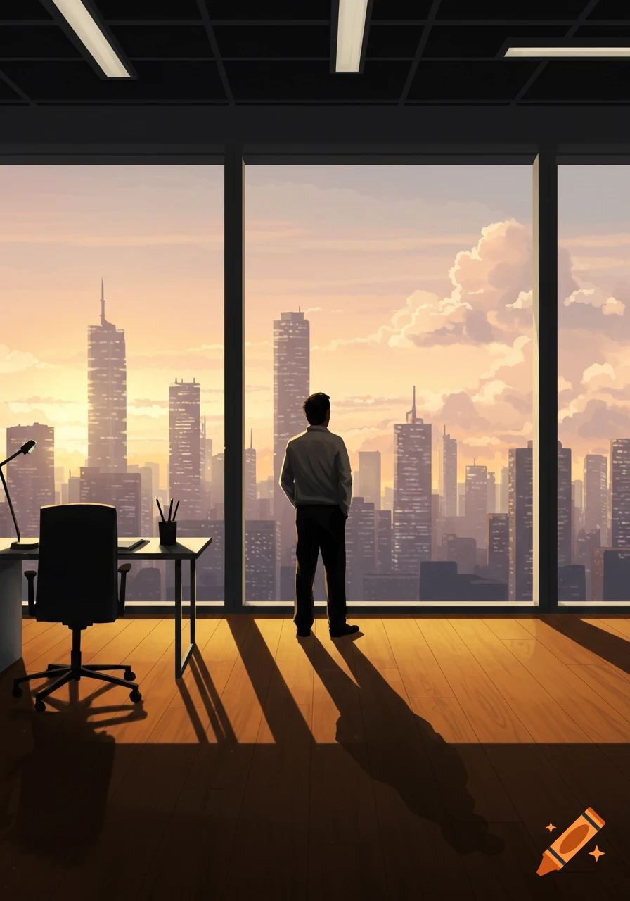 An illustration of a man standing in a modern office, looking out a large window at a city skyline during sunset.