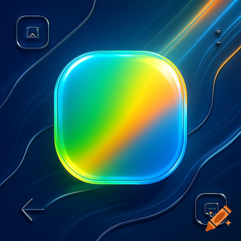 A glowing rainbow gradient rounded square on a dark blue background with abstract lines and UI icons.
