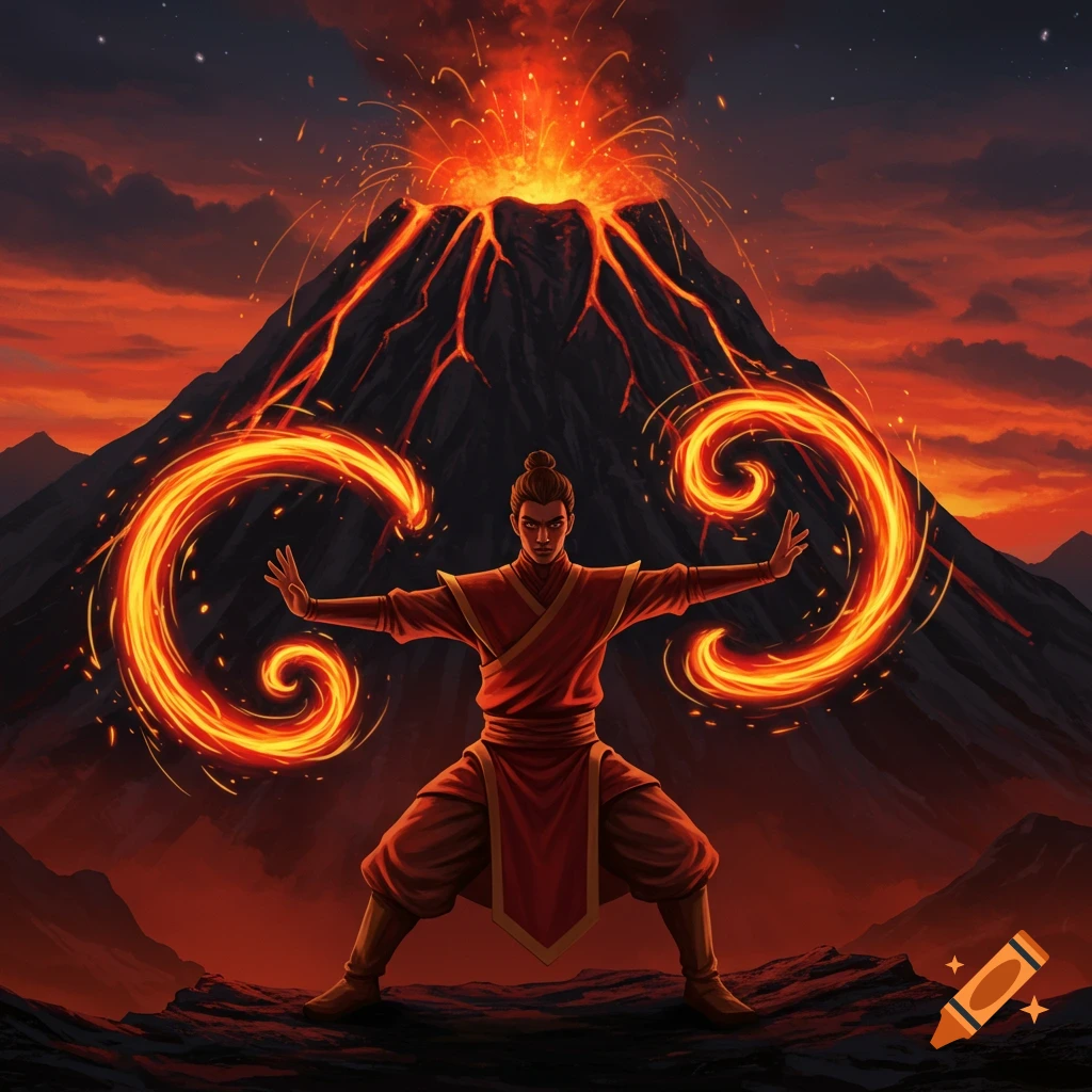 A firebender in a red robe stands in front of an erupting volcano, manipulating swirling flames.