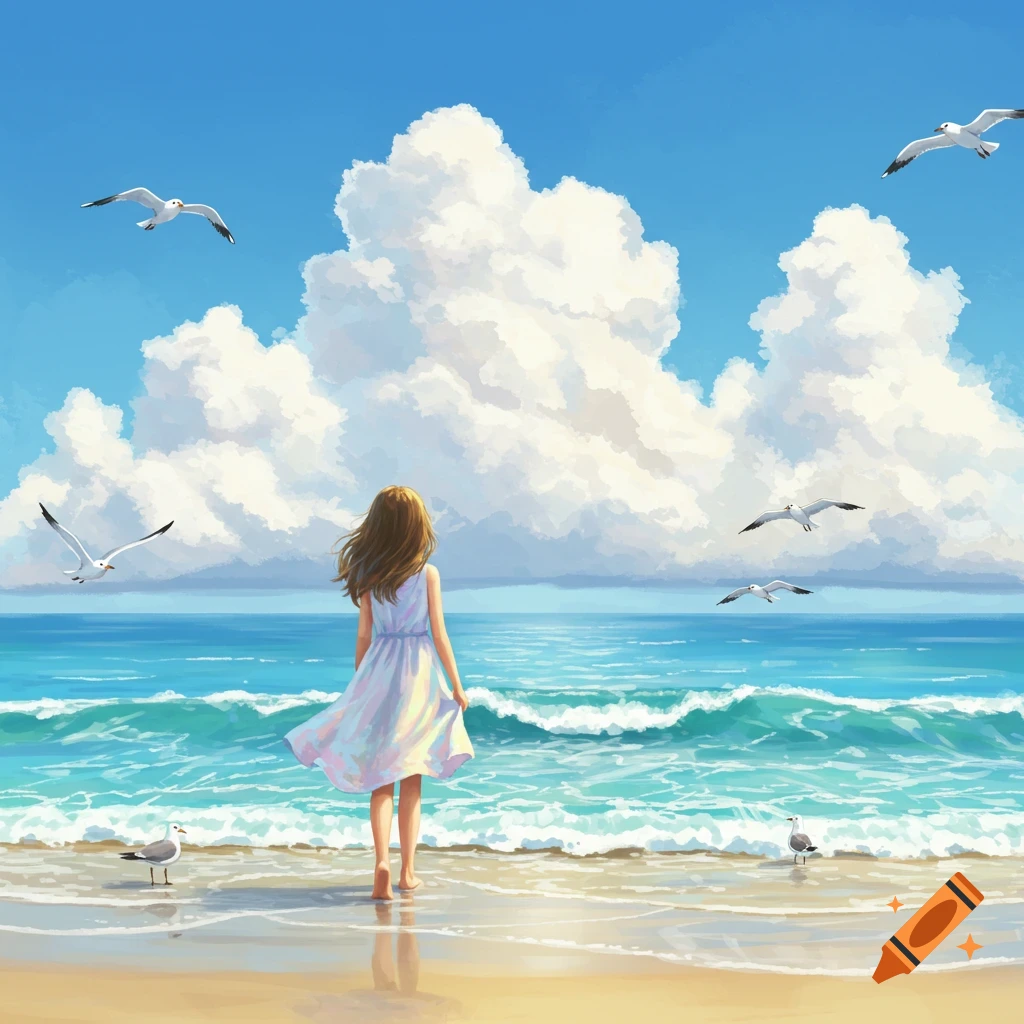 Illustrative image of a girl in a white dress walking barefoot into the ocean on a sunny beach with seagulls and fluffy clouds.