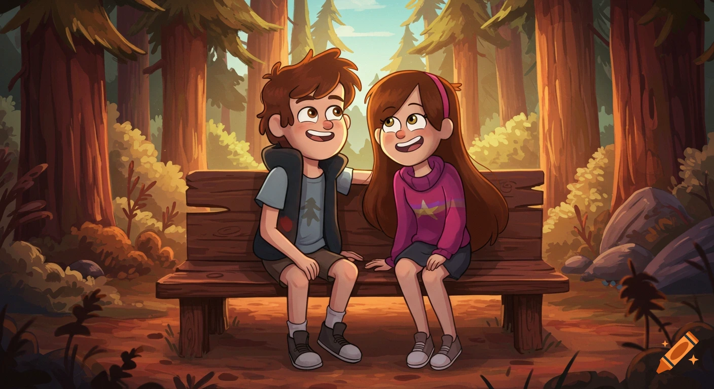 Two cartoon children, a boy and a girl, resembling Dipper and Mabel from Gravity Falls, sit smiling on a wooden bench in a forest.
