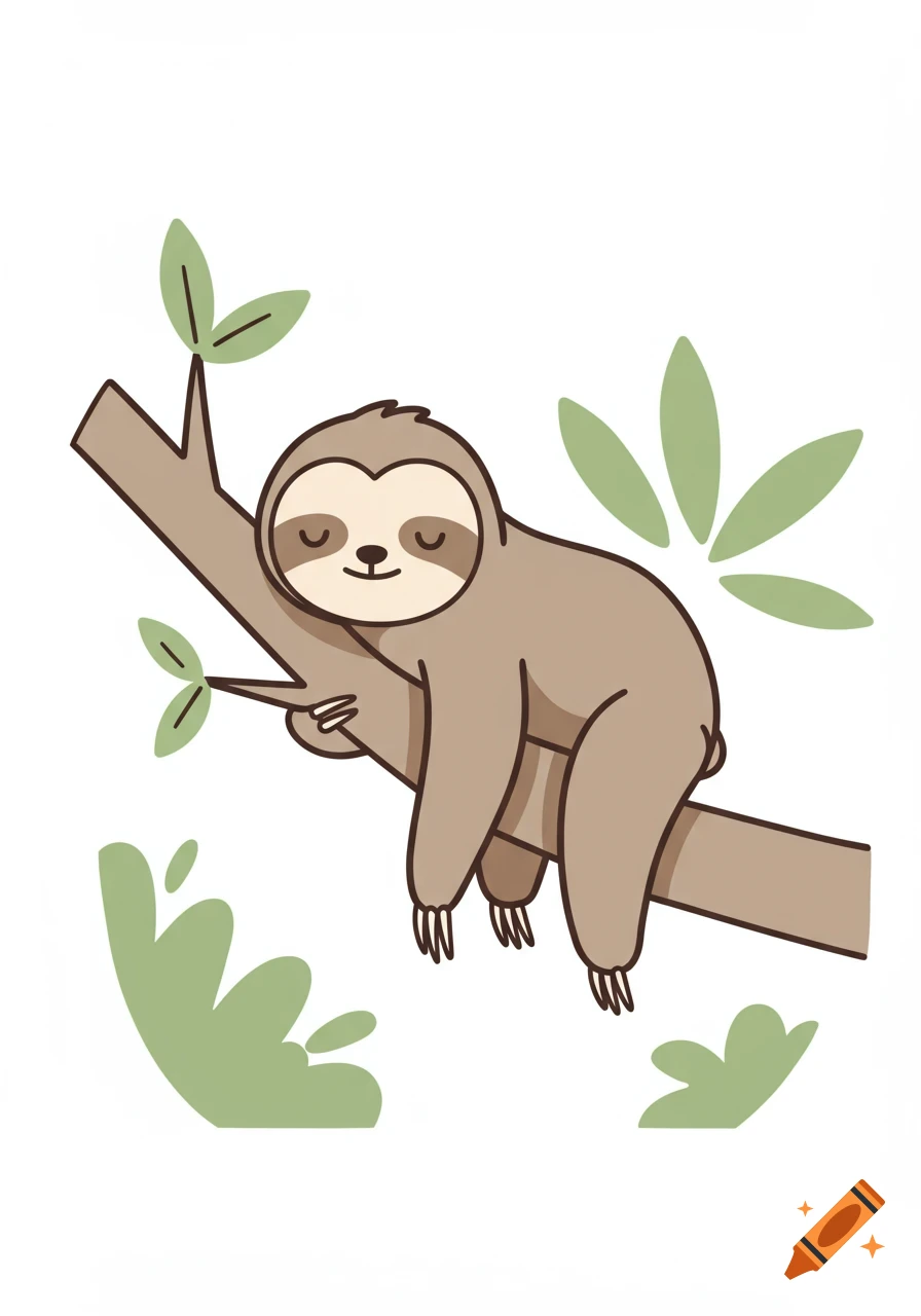 A cute cartoon sloth sleeping on a tree branch in a simple comic art style.