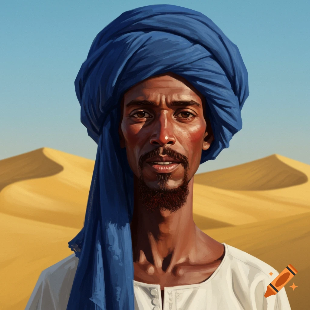 Stylized portrait of a dark-skinned man with a henna beard and blue turban, against a desert backdrop.