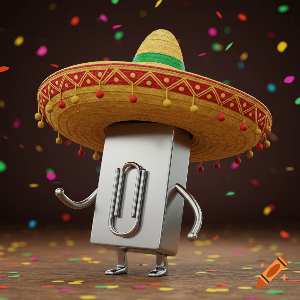 A 3D render of the MS Office character Clippy wearing a sombrero and dancing amidst falling confetti on a wooden floor.