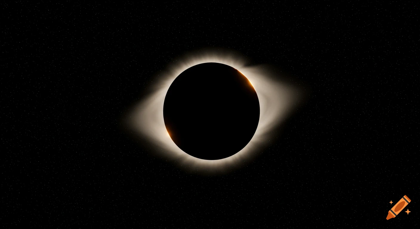 A total solar eclipse with the dark moon perfectly obscuring the sun, surrounded by a bright, ethereal corona in a starry black sky.