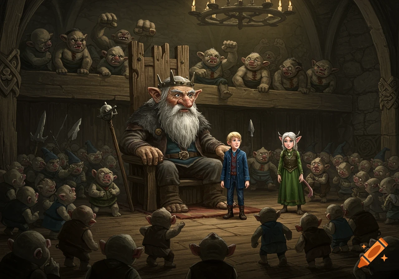 An old troll king on a throne, a young man, and a young troll woman stand before a crowd of angry, smaller trolls in a dim, cavernous hall.