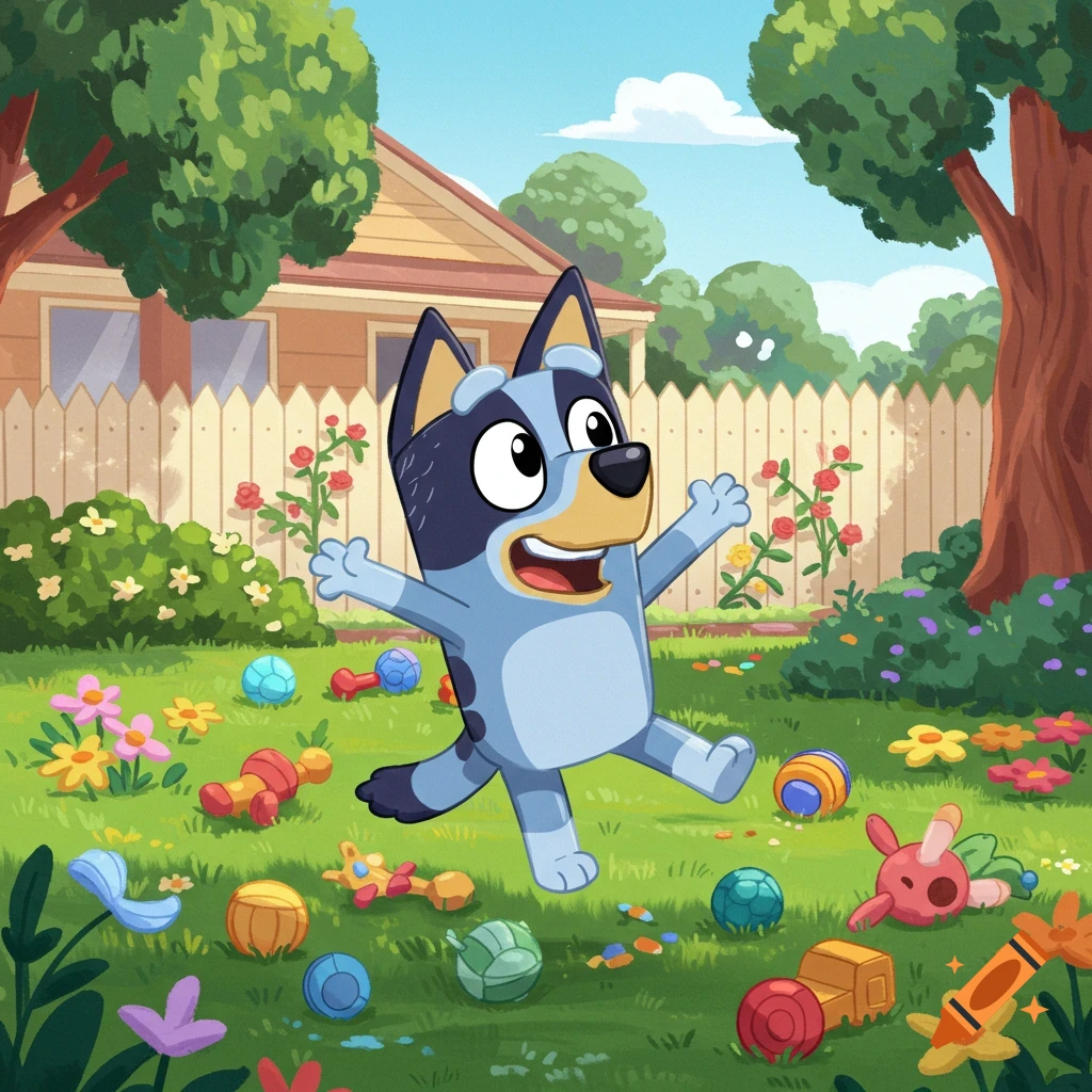 Bluey, a cartoon blue dog, plays in a sunny backyard surrounded by colorful toys and flowers.