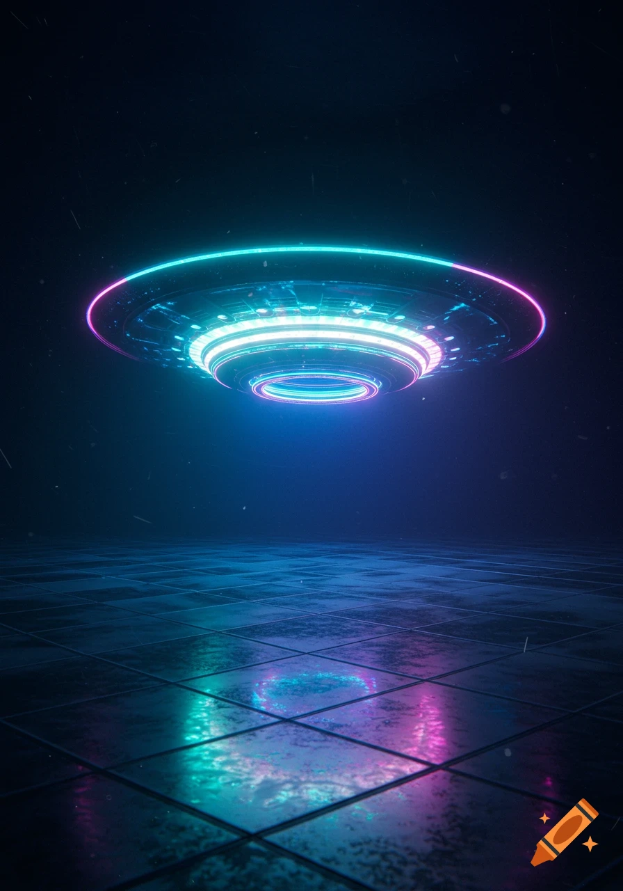 Glowing iridescent UFO above a reflective tiled floor in a dark, futuristic setting with neon lights.