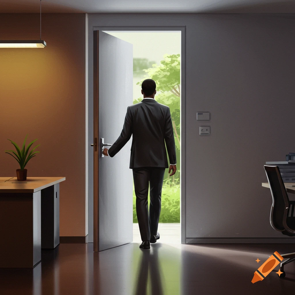 A Black businessman in a suit walks from an office through an open door to a bright outdoor garden.