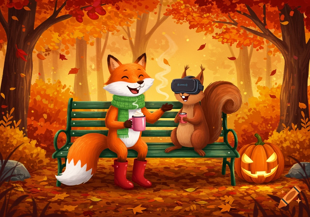 A happy cartoon fox and a squirrel in an autumn forest. The fox wears a green scarf and red boots, holding a mug. The squirrel wears a VR headset and holds a mug. A Jack-o'-lantern is nearby.
