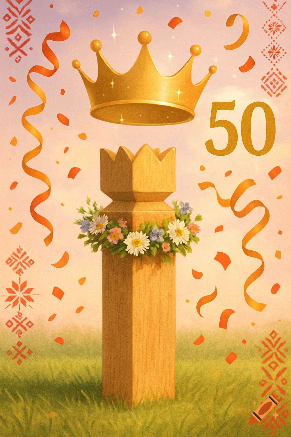 A golden crown floats above a wooden kubb piece adorned with flowers, with the number 50 and confetti falling, in a grassy field under a soft sky.