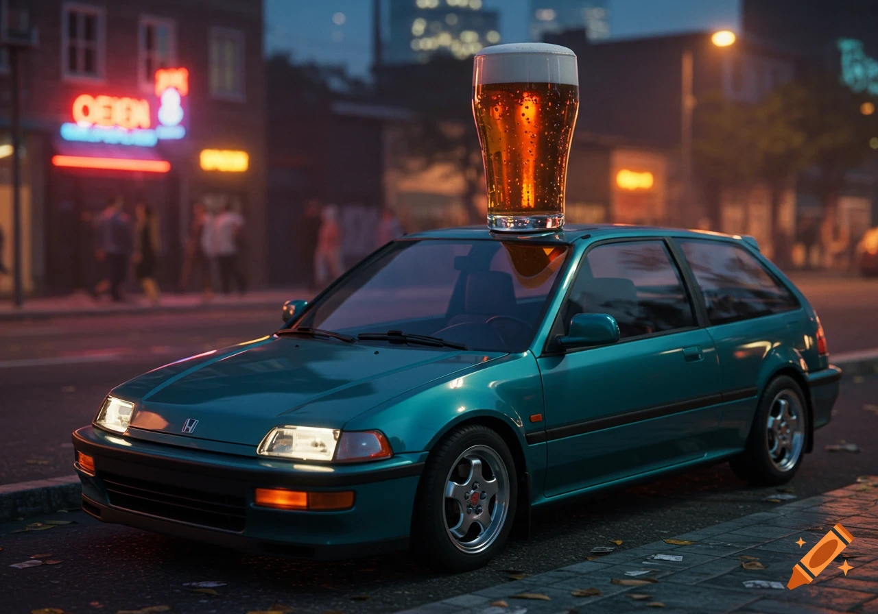 A teal 1992 Honda Civic hatchback with a full glass of beer on its roof, parked on a city street at night with neon signs in the background.