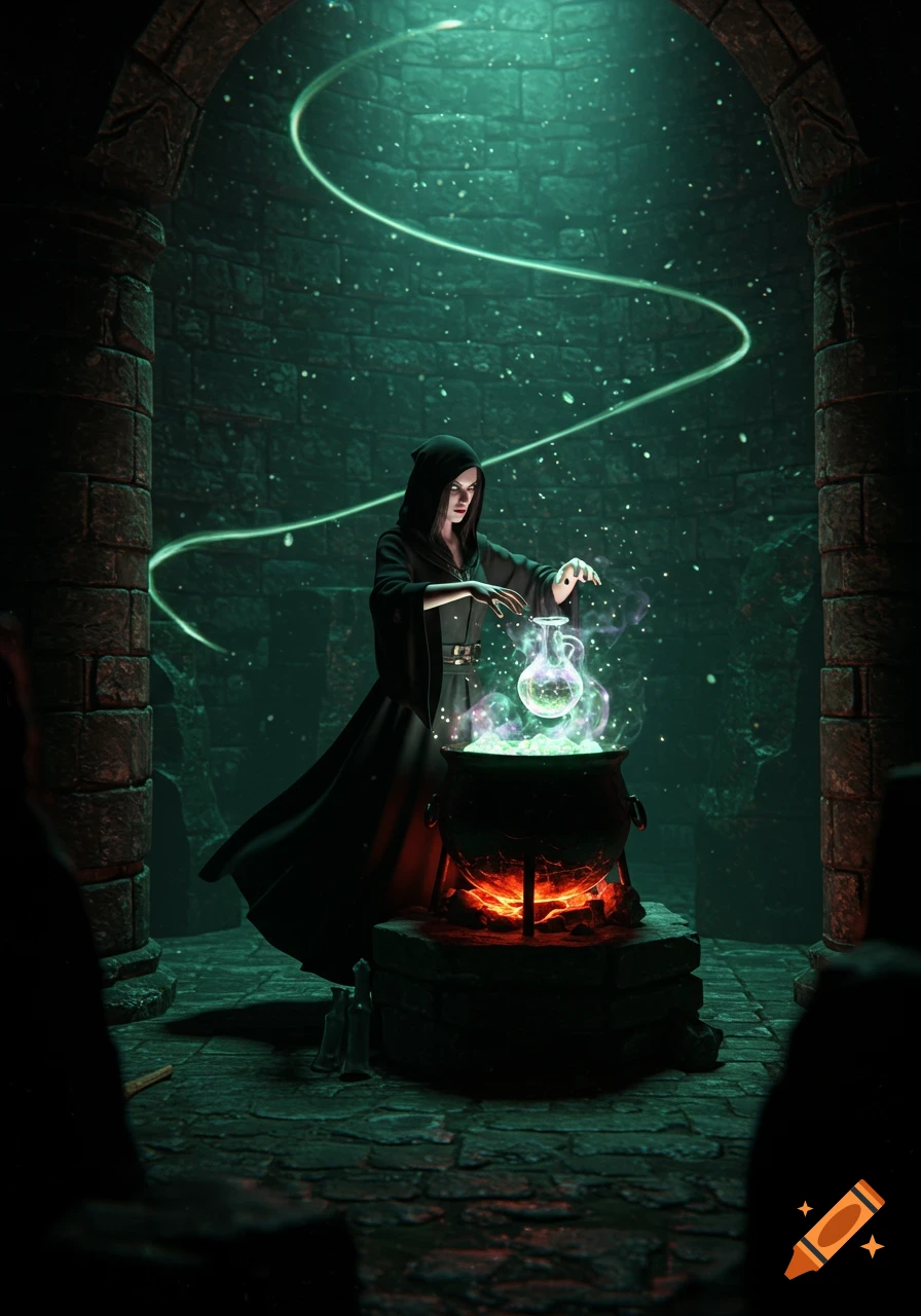 A mysterious witch in black robes brews a glowing green potion in a cauldron in a dark, eerie stone chamber, 3D fantasy art.