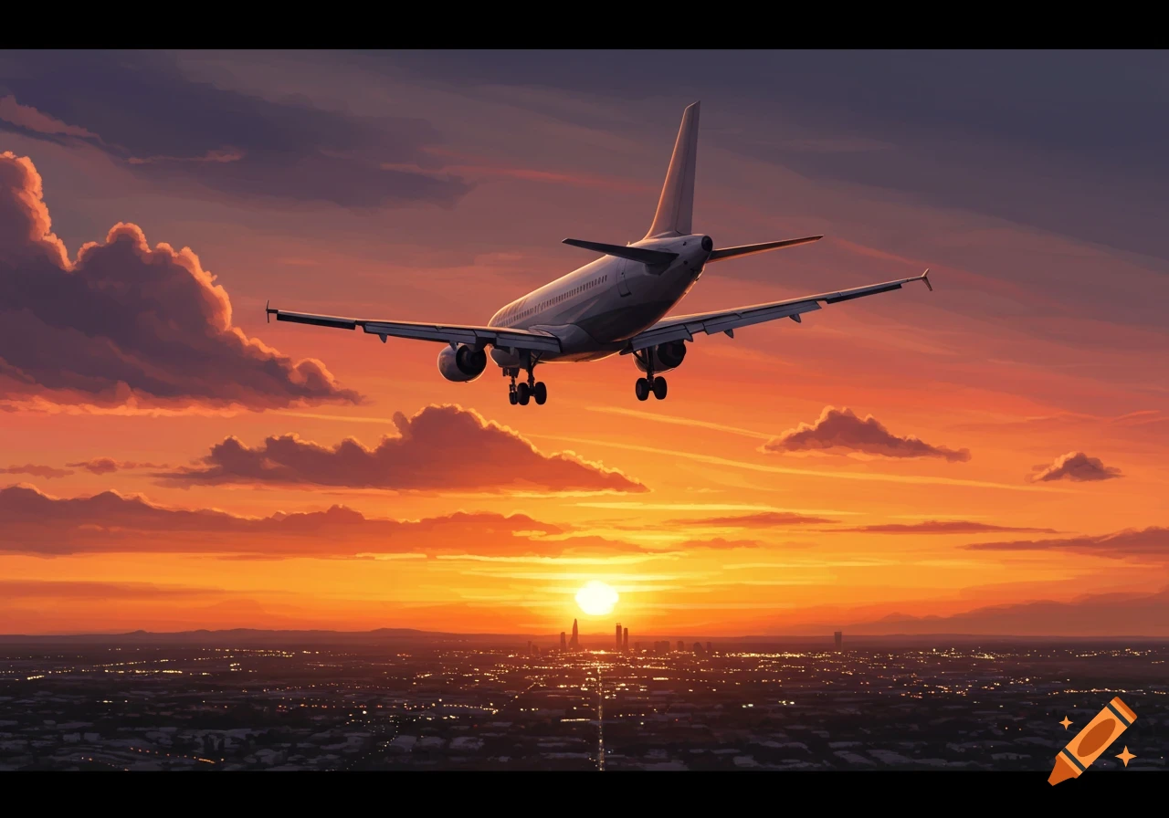 A passenger airplane descends over a city at sunset, with a vibrant orange and purple sky and city lights below.