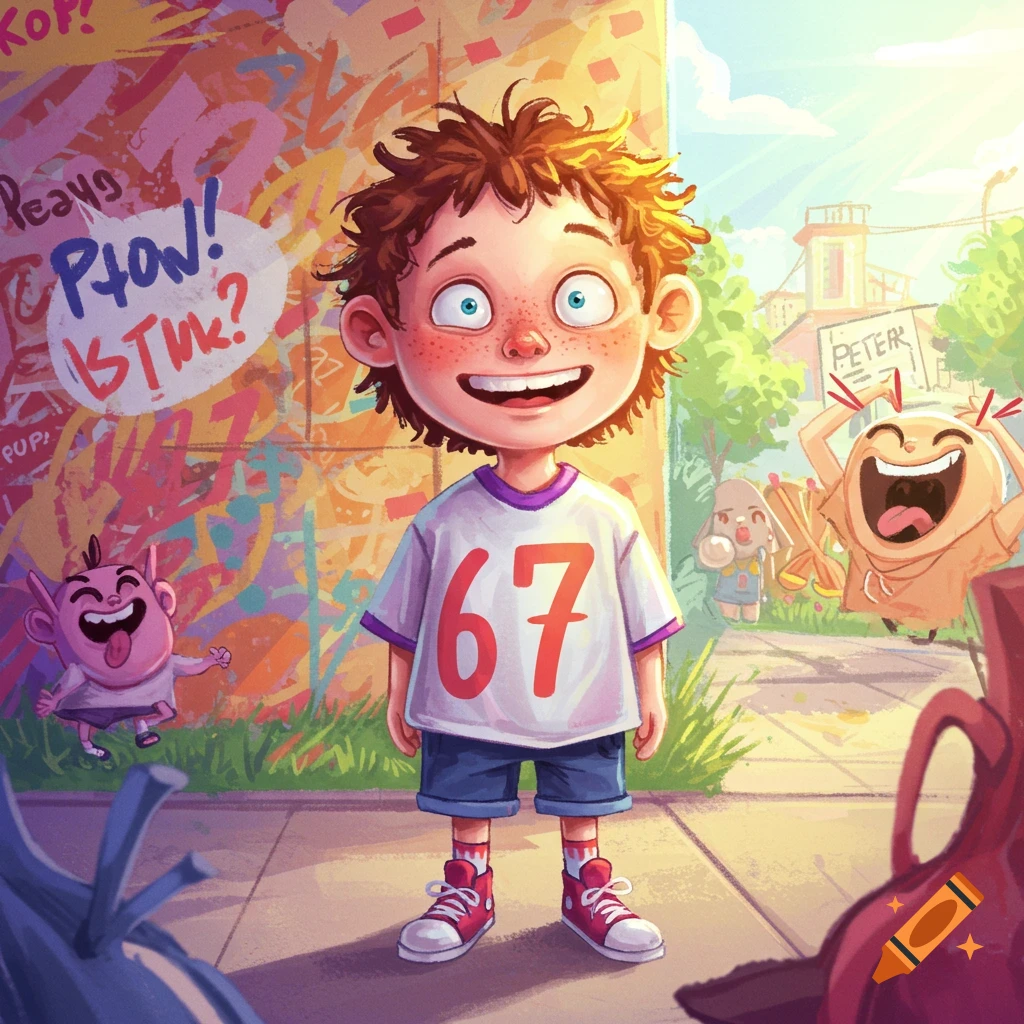 A smiling, curly-haired cartoon boy in a white t-shirt with "67" and blue shorts stands on a sidewalk. He's next to a graffiti-covered wall with gibberish text and other laughing cartoon characters in the background, in a bright, colorful style.