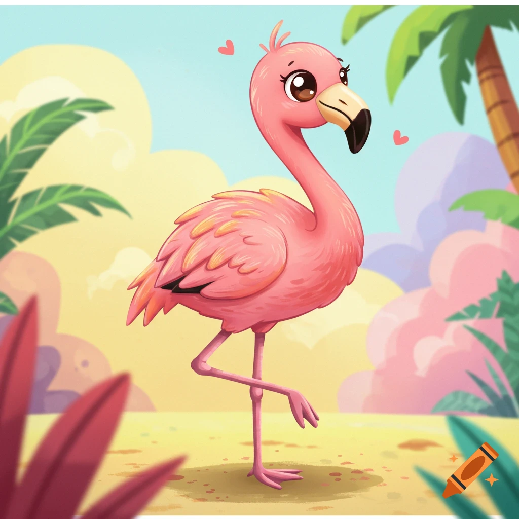 A cute, pink cartoon flamingo with large eyes stands on one leg in a colorful tropical landscape.