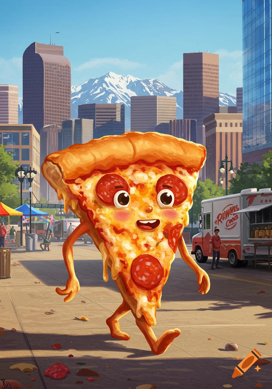 A happy, anthropomorphic pepperoni pizza slice walks down a sunny city street in Denver, with skyscrapers and snow-capped mountains in the background.