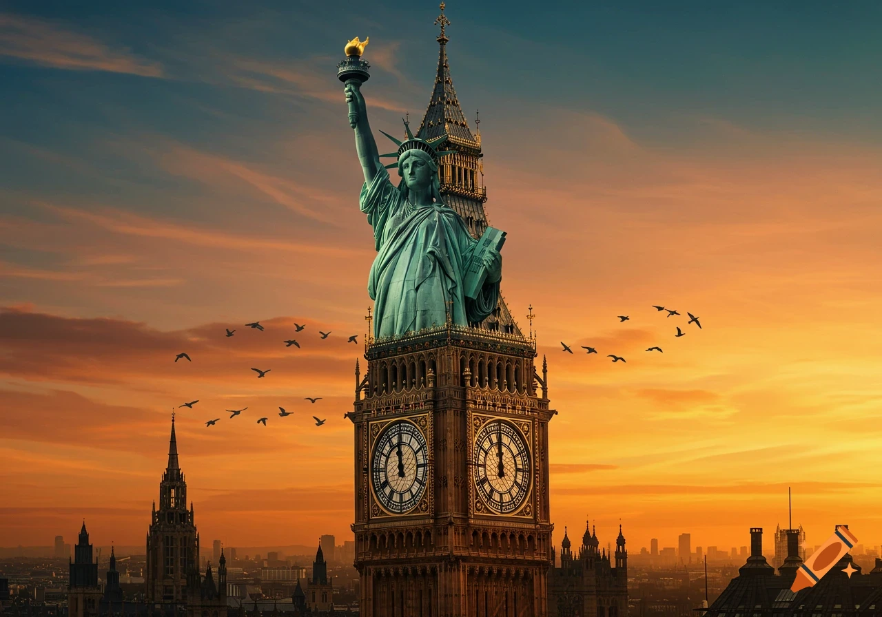 The Statue of Liberty is placed on top of Big Ben against a vibrant sunset sky, with a city skyline and flying birds.