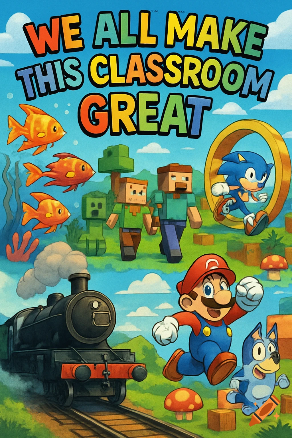 Colorful classroom poster with Mario, Sonic, Bluey, Minecraft characters, goldfish, and a train, with the text 'WE ALL MAKE THIS CLASSROOM GREAT'.