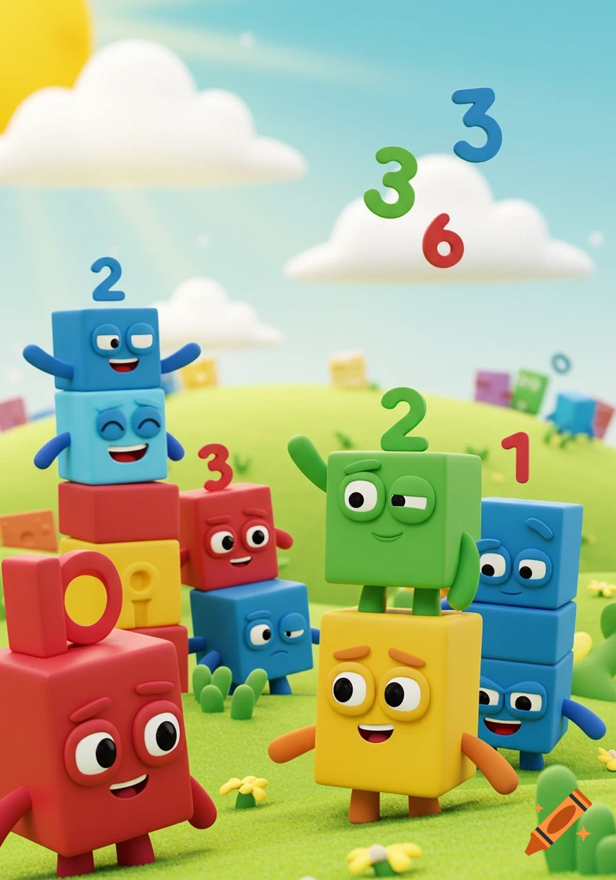 Colorful 3D animated Numberblocks characters, some stacked, on a green grassy hill under a blue sky with white clouds.