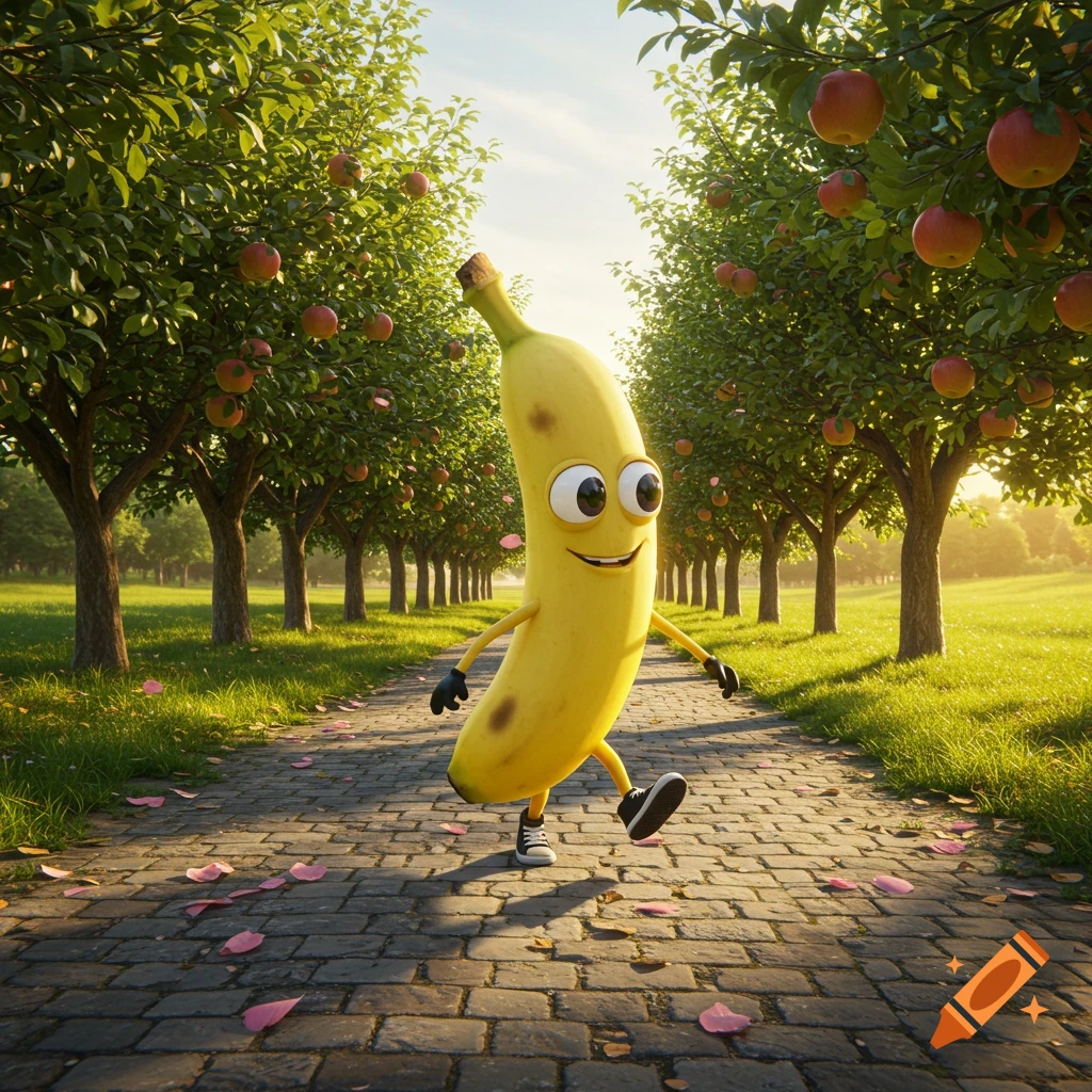 A happy cartoon banana character with eyes and a mouth walks on a stone path through a sunny apple orchard.