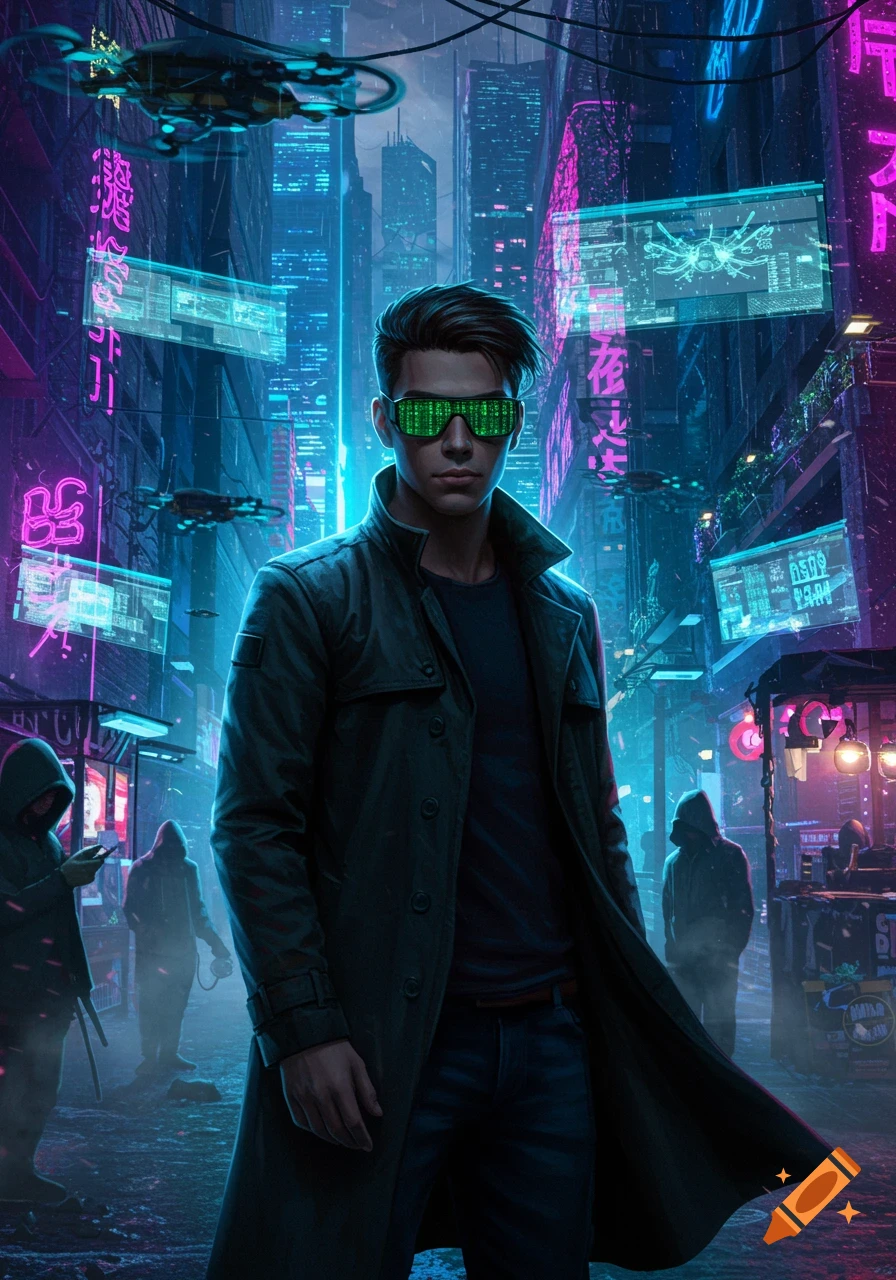 A young man in a black coat and green matrix-code sunglasses stands in a neon-lit cyberpunk city street with futuristic drones flying above.