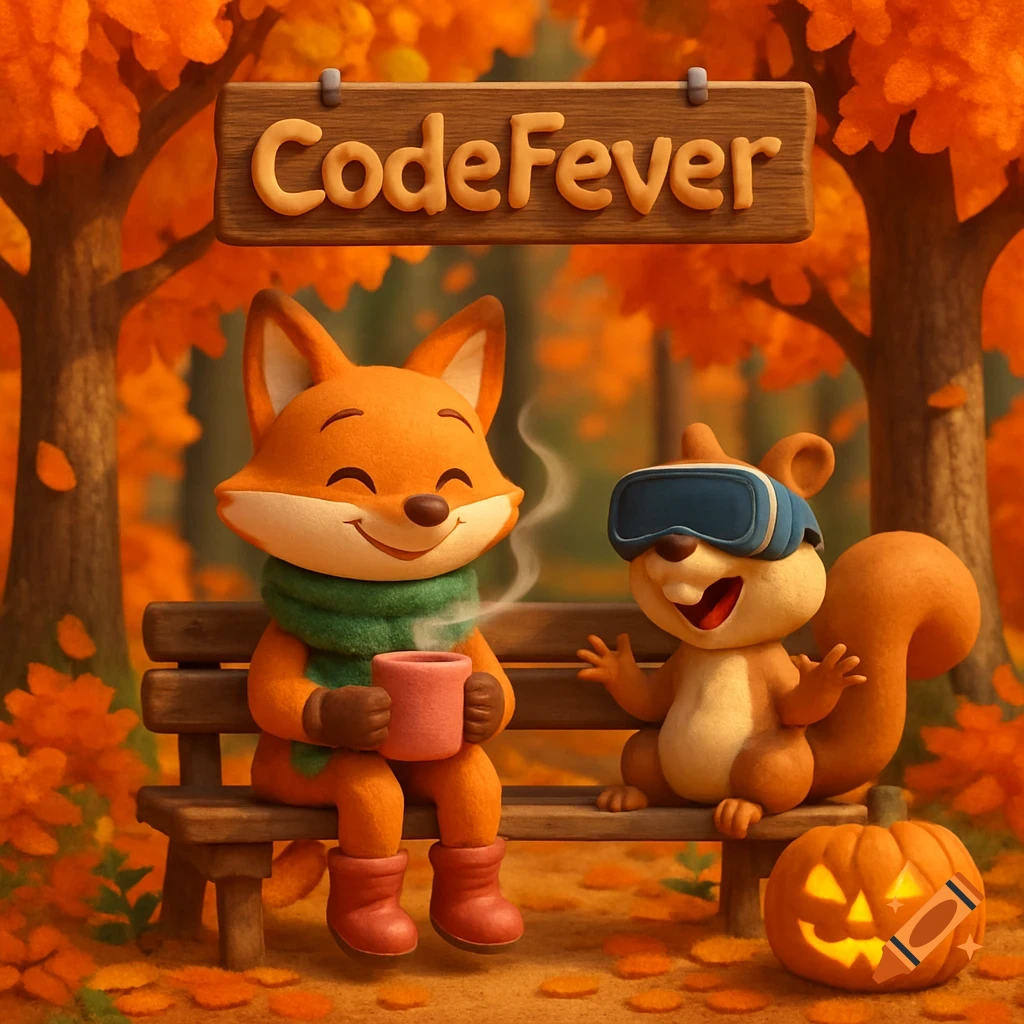Cute 3D cartoon fox and squirrel sit on a bench in an autumn forest. The fox sips from a cup, the squirrel wears VR goggles, next to a Halloween pumpkin.