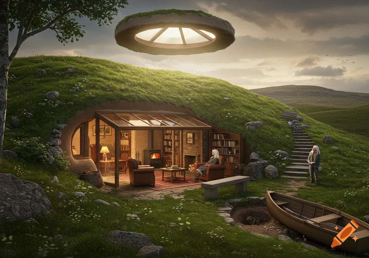 A cozy, grass-covered earth-cave dwelling with a glass front, nestled into a green hill, under a large floating circular skylight. An old woman sits inside, another stands outside by a small boat in a hole. Photorealistic style.