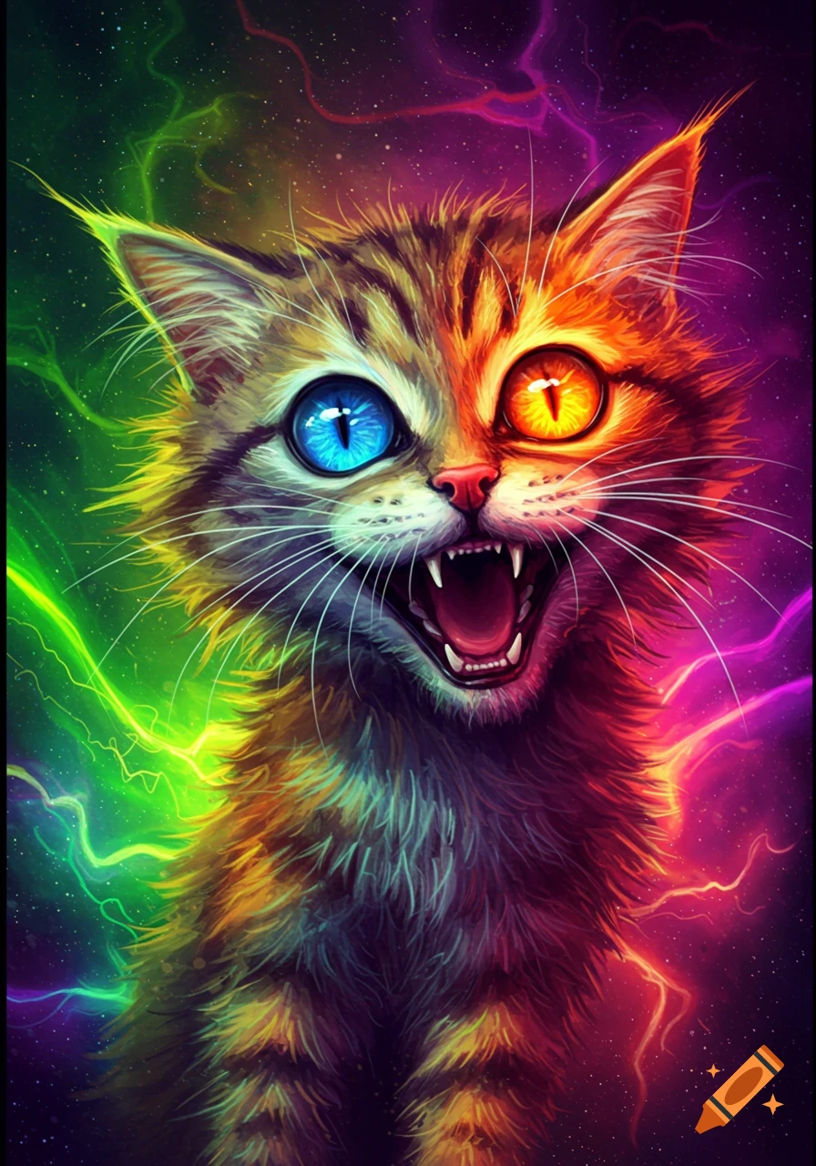 A vibrant, stylized cat with bared fangs and glowing blue and orange eyes, surrounded by neon green and purple lightning.