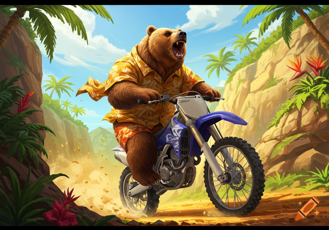 A cartoon brown bear wearing a yellow Hawaiian shirt and orange shorts rides a blue dirt bike through a tropical jungle.