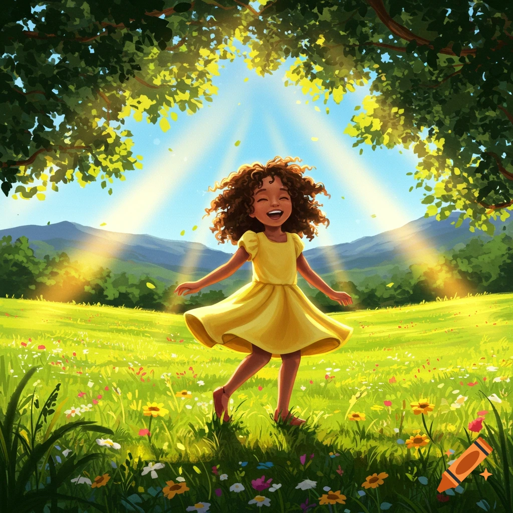 Happy child with curly hair dancing in a sunny meadow with wildflowers, mountains, and trees. Illustration.