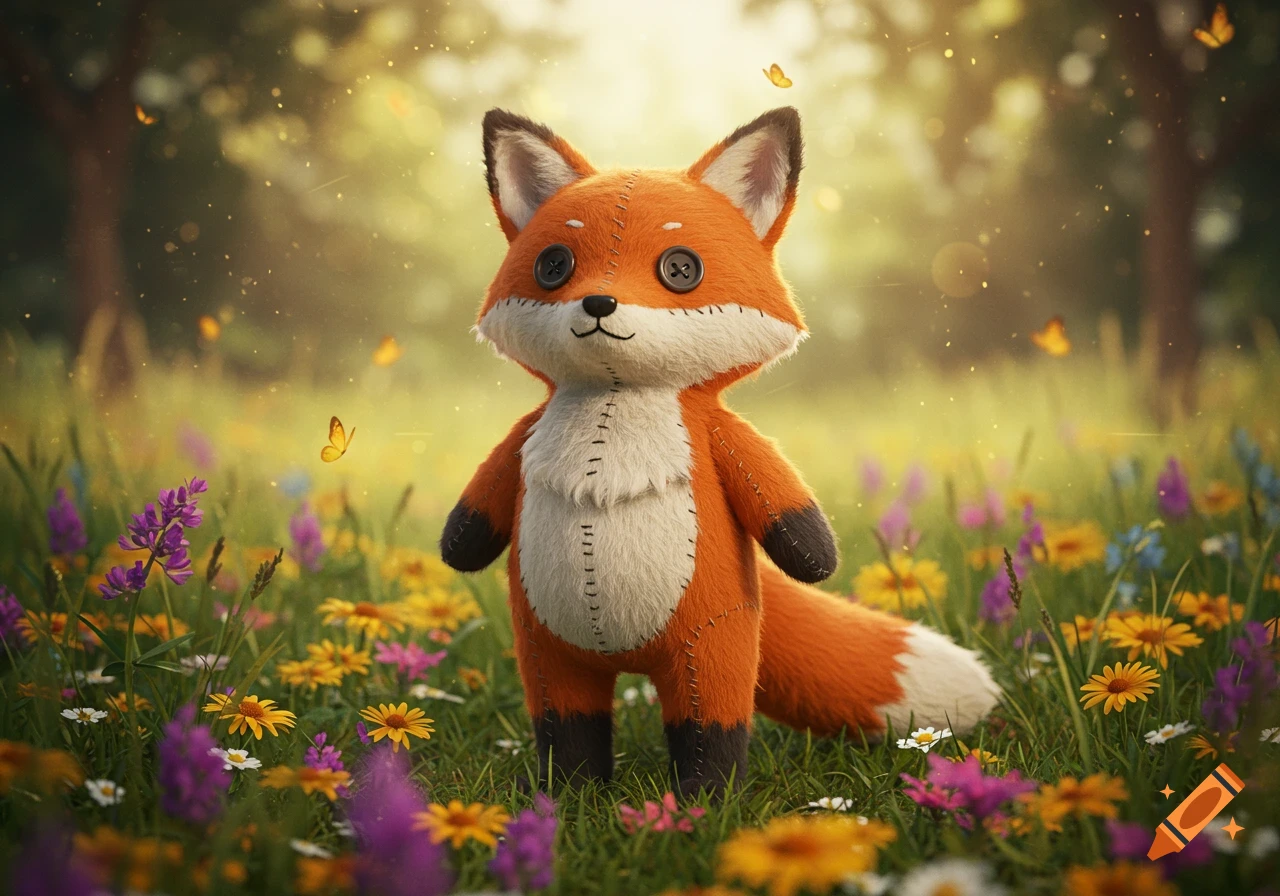 A cute bipedal fox plush toy stands in a sunlit field of colorful wildflowers with butterflies.