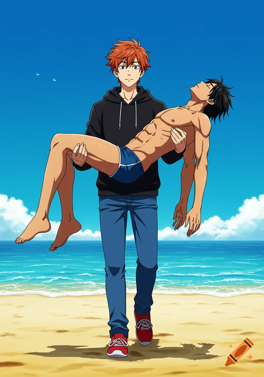 A ginger-haired anime man in a black hoodie and jeans carries an unconscious, muscular man in a blue speedo on a sandy beach.