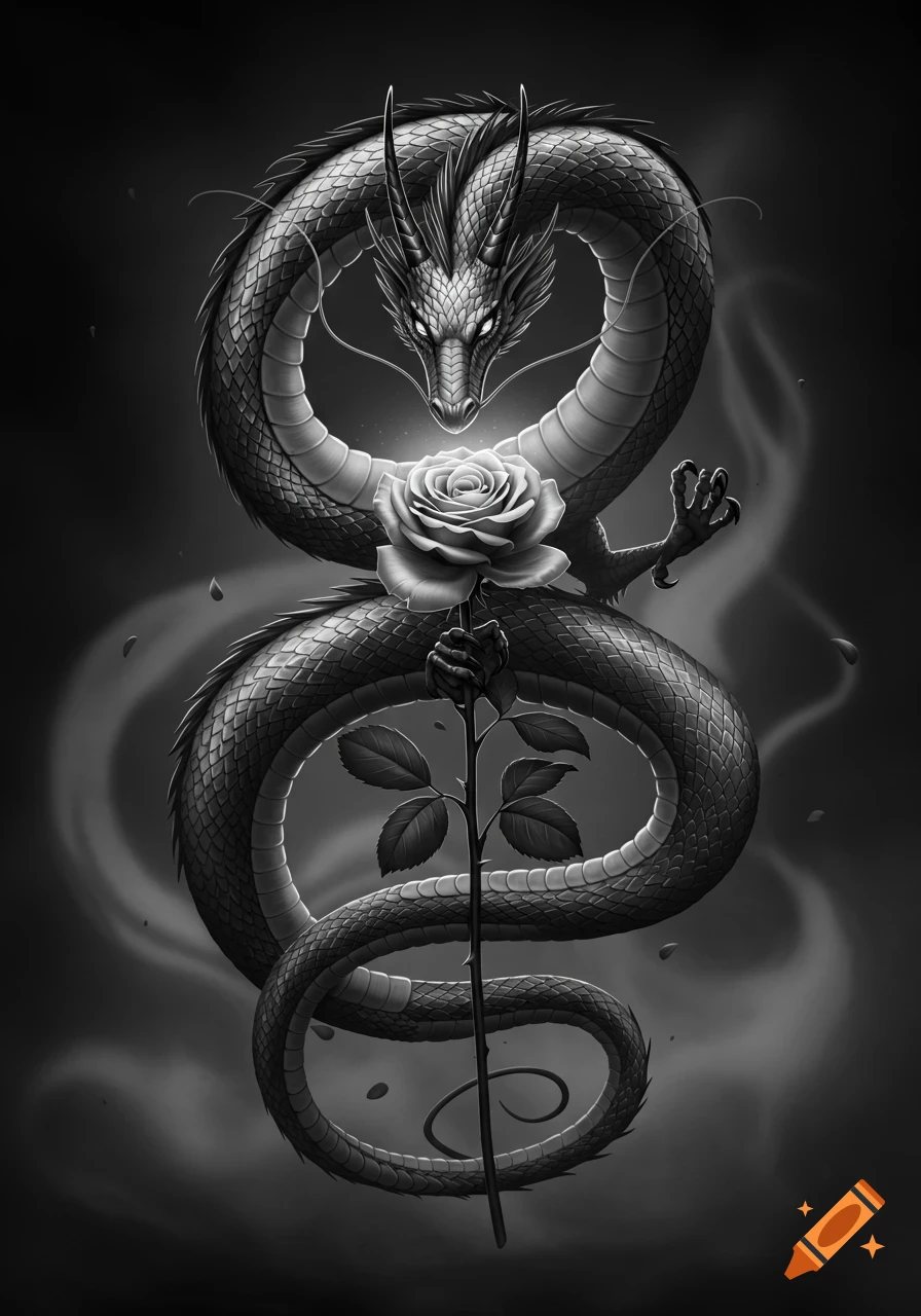 A black and white dragon with glowing eyes curled around a white rose, with smoke and falling petals.