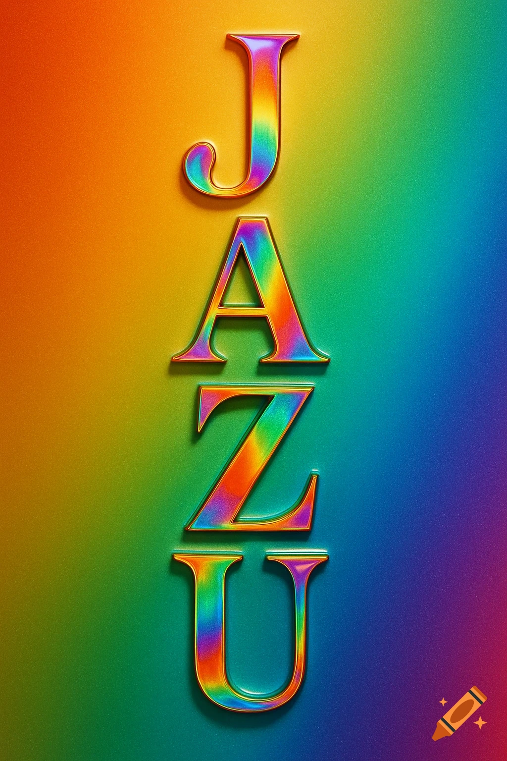 Vertical rainbow metallic letters JAZU on a rainbow gradient background.