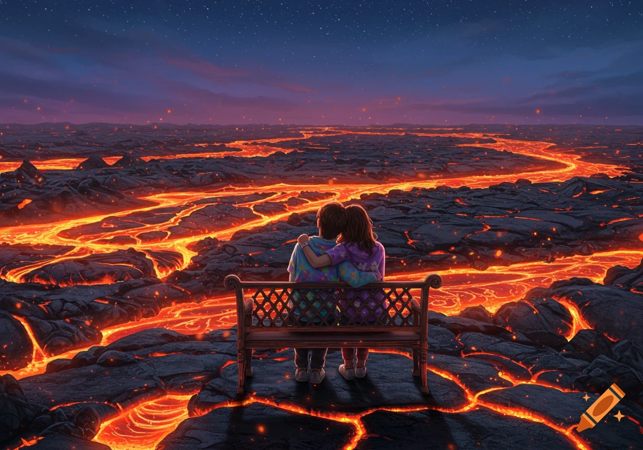 A couple sits on a bench overlooking a vast, glowing lava field under a starry night sky, in an illustrated style.