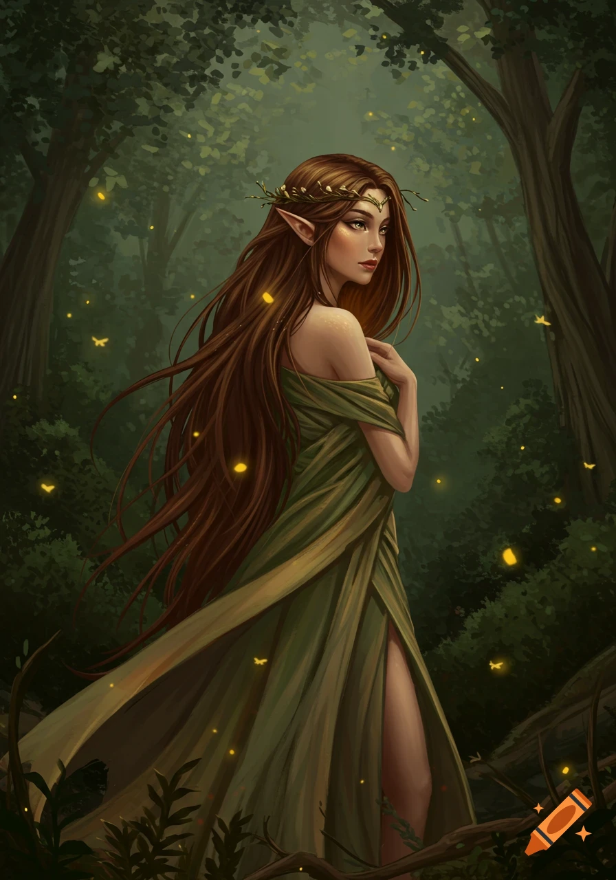 A beautiful elf woman with long brown hair and pointed ears wears a flowing green dress in a dark forest with fireflies.