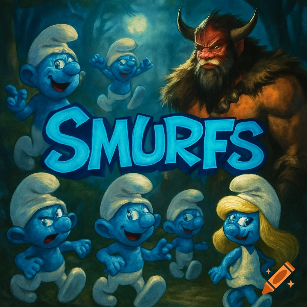 Blue Smurfs surround 'SMURFS' text, with a horned, bearded Beastmaster in a dark, illustrative fantasy forest.
