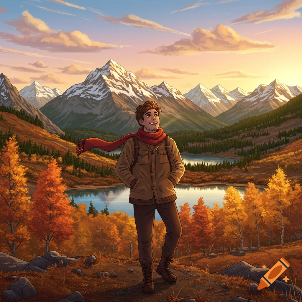 An illustrated man in a jacket and red scarf stands in an autumn mountain landscape with a lake, looking up at the sky.
