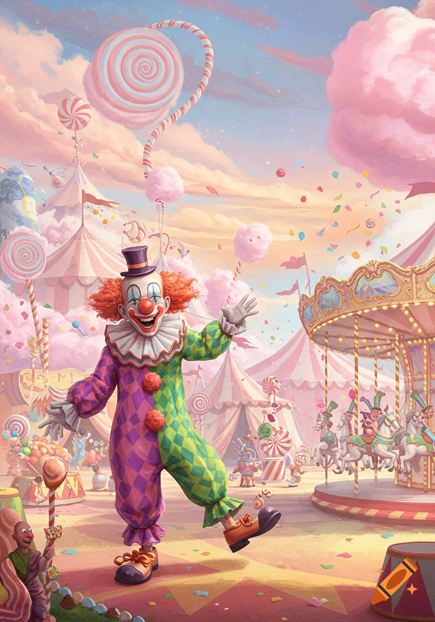 A cheerful clown in a purple and green harlequin suit waves amidst a vibrant, candy-themed carnival with pink cotton candy clouds and carousels.