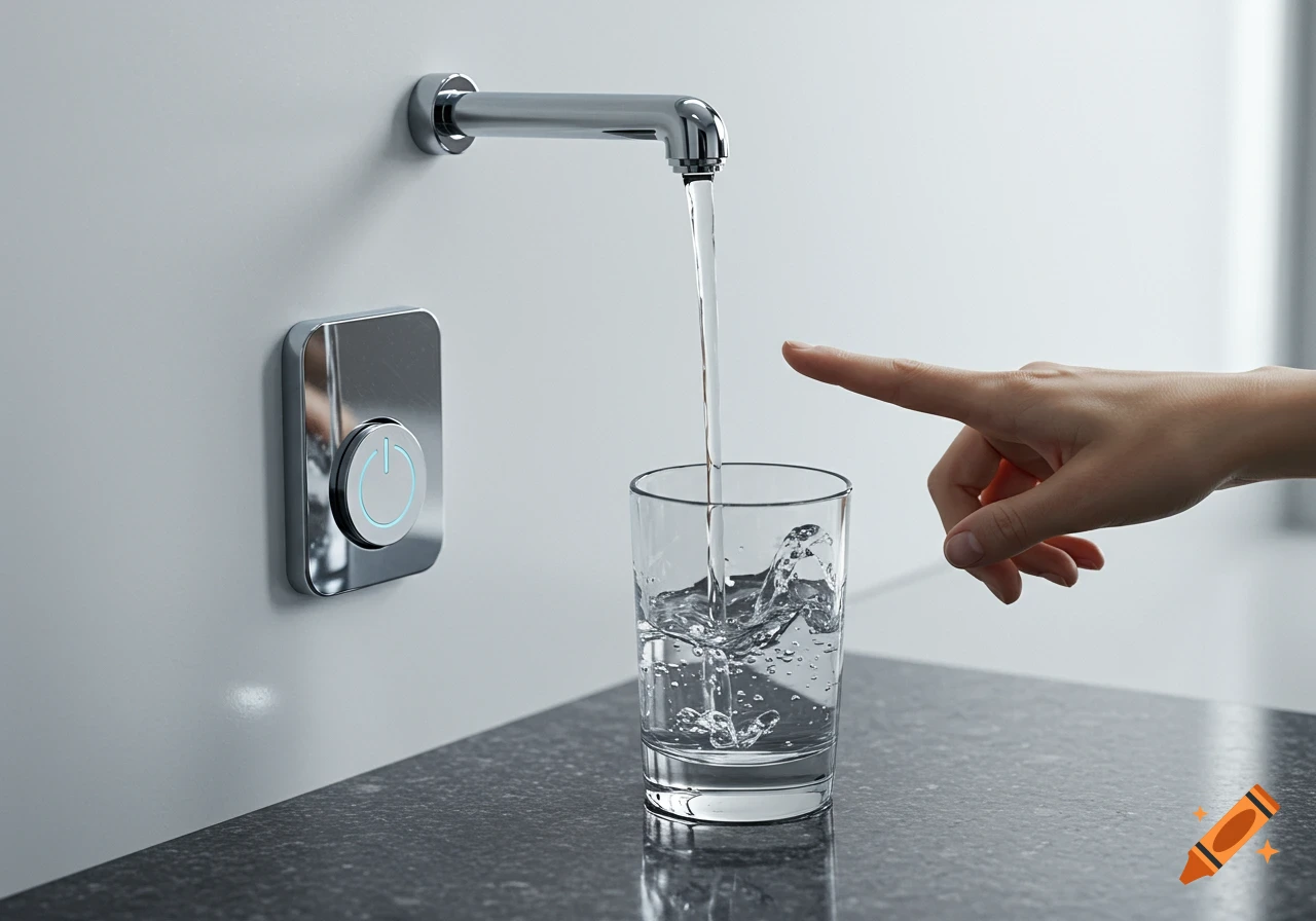 A photorealistic image of a hand near a modern wall-mounted faucet pouring water into a glass, with a sleek power button beside it.