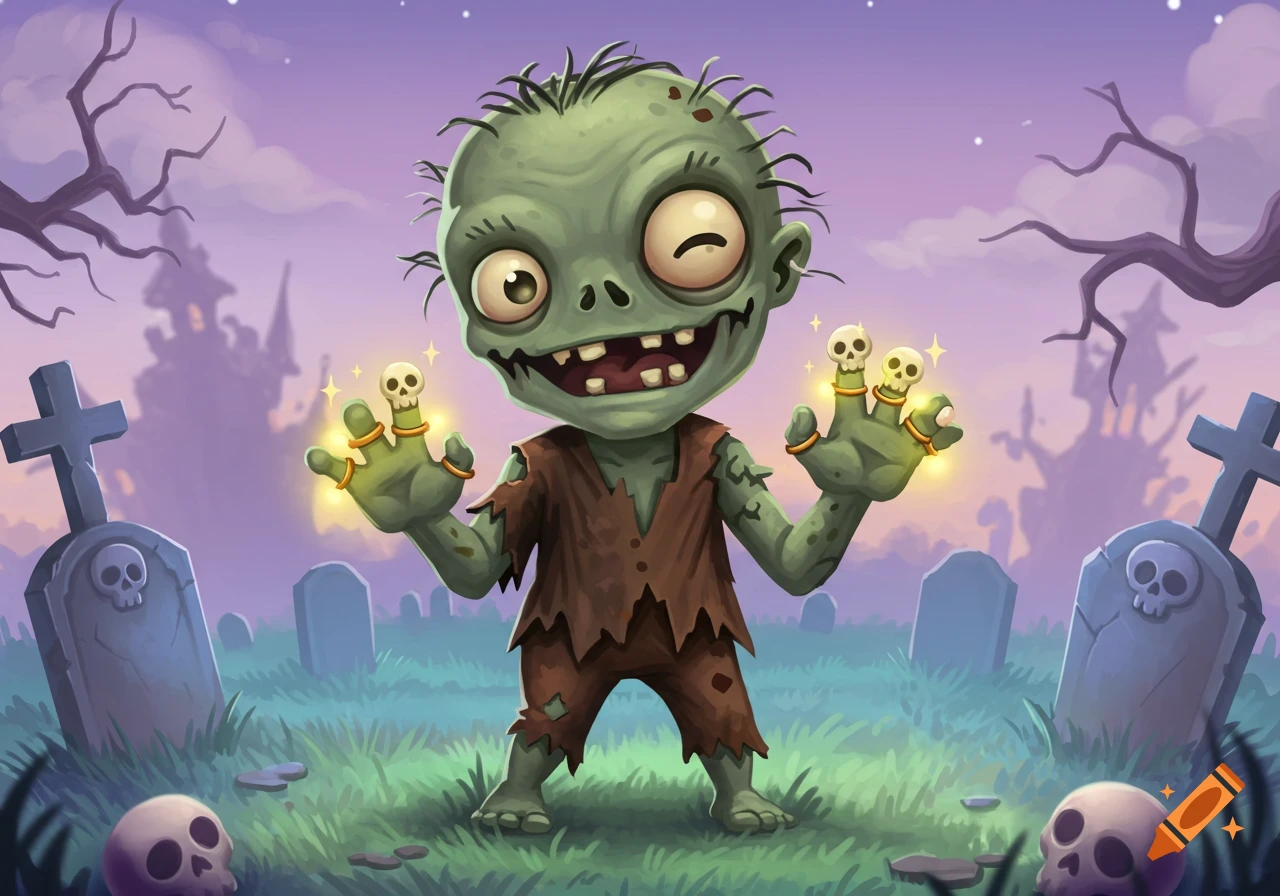 A cute, cartoon zombie winks, showing off skull rings in a graveyard setting with a castle in the background.