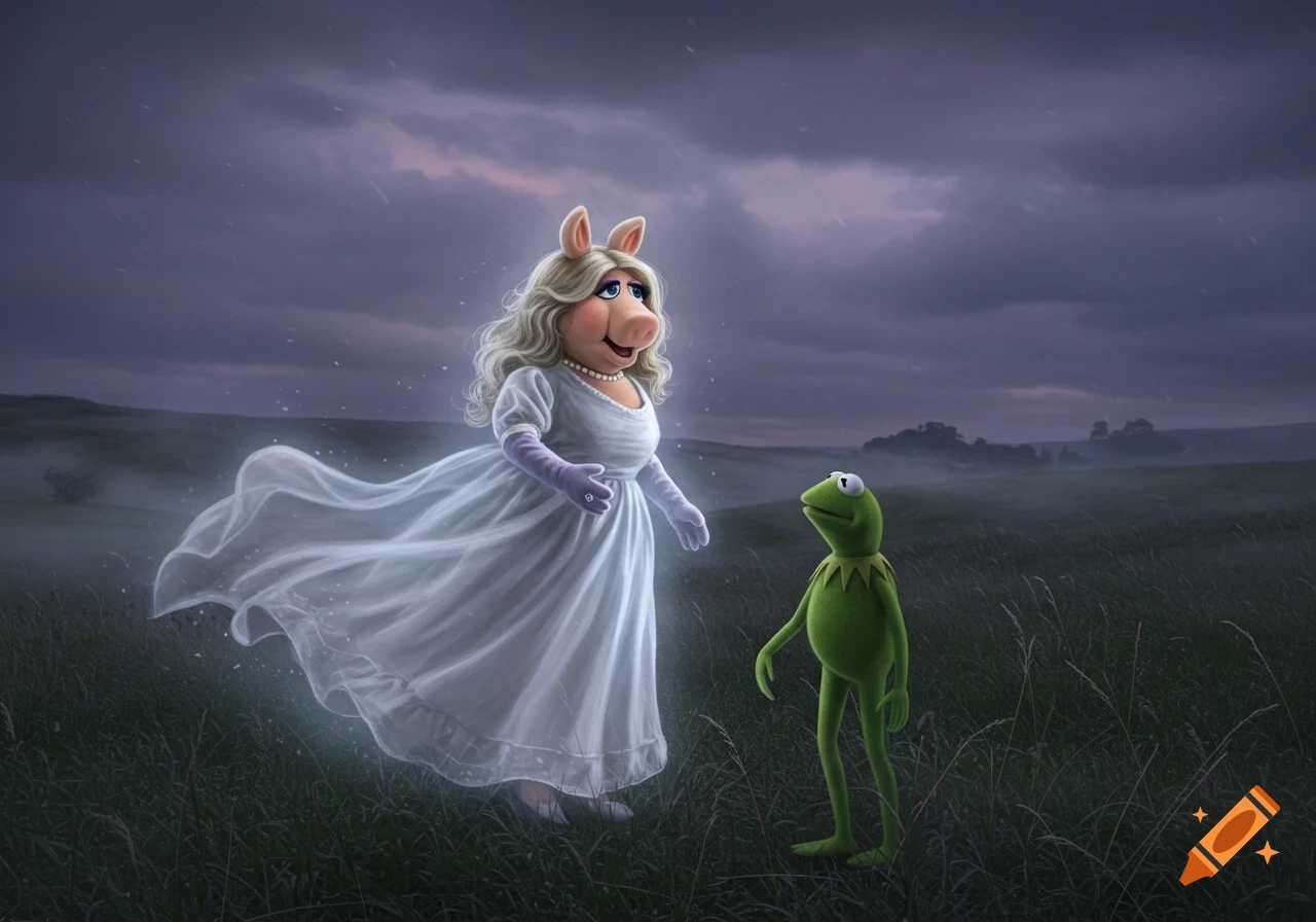 Miss Piggy apparition in a white gown glows while looking at Kermit in a misty field under a stormy sky.