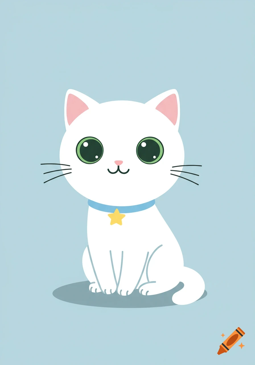 A cute white cartoon kitten with big green eyes and a blue collar with a yellow star sits on a light blue background.